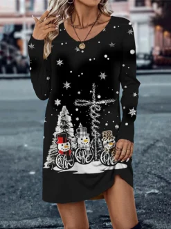 Women's Casual Dress Christmas Dress T Shirt Dress Tee Dress Snowman Christmas Tree Print V Neck Mini Dress Fashion Streetwear Outdoor Christmas Long Sleeve Loose Fit Black And White Black White Fall