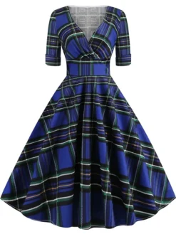 Women's Christmas Swing Dress Midi Dress Black Blue Red Short Sleeve Plaid Print Winter Fall Autumn V Neck 2022 S M L XL 2XL -Fashion Life Shop fxlklr1667979773118