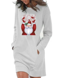 Women's Christmas Hoodie Dress Winter Dress Light Blue Grey White Long Sleeve Letter Santa Claus Pocket Print Winter Fall Crew Neck Stylish Casual Fall Dress Loose Fit 2022 S M L XL 2XL / Cotton -Fashion Life Shop fxnjvn1665742313793