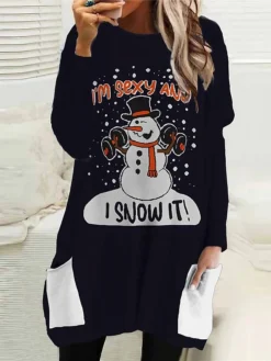 Women's Christmas Casual Dress T Shirt Dress Tee Dress Shift Dress Mini Dress Black Blue Long Sleeve Letter Pocket Winter Fall Autumn Crew Neck Fashion Daily Vacation Loose Fit 2022 S M L XL XXL 3XL