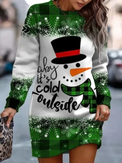 Women‘s Christmas Casual Dress Sweatshirt Dress Mini Dress Warm Fashion Outdoor Holiday Crew Neck Print Snowman Hat Loose Fit Black Burgundy Green S M L XL XXL -Fashion Life Shop fzyddg1694157734731