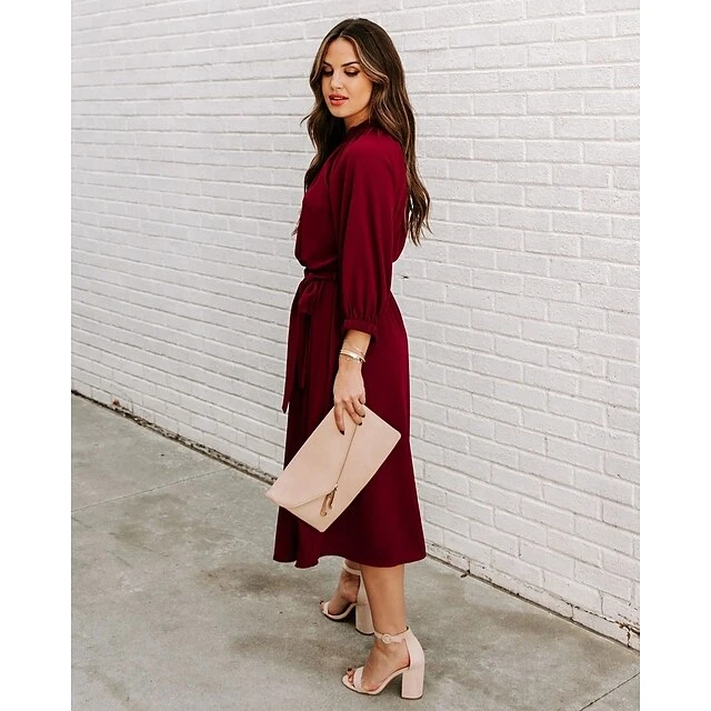 Women's Work Dress Shift Dress Church Dress Midi Dress Red Wine Green Long Sleeve Pure Color Lace Up Summer Spring Crew Neck Basic Christmas Fall Dress Loose Fit 2023 S M L XL 2 Women's Work Dress Shift Dress Church Dress Midi Dress Red Wine Green Long Sleeve Pure Color Lace Up Summer Spring Crew Neck Basic Christmas Fall Dress Loose Fit 2023 S M L XL - Image 2