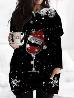 Women‘s Plus Size Christmas Dress Casual Dress Cat Long Sleeve Winter Fall Casual Festival Mini Dress Going Out Dress