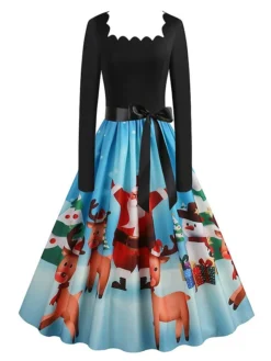 Women's Christmas Vintage Dress Swing Dress Mini Dress Black Pink Dark Blue Red Navy Blue Light Blue Long Sleeve Santa Claus Elk Snowman With Belt Print Winter Fall Square Neck 2022 S M L XL