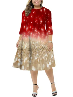 Women‘s Plus Size Christmas Dress Work Dress Santa Claus 3/4 Length Sleeve Winter Fall Midi Dress Christmas Dress Work Dress