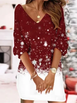 Women's Christmas Sweatshirt Dress Shift Dress Sweat Dress Mini Dress Green Blue Purple 3/4 Length Sleeve Tree Print Winter Fall Autumn V Neck Fashion 2022 S M L XL XXL 3XL
