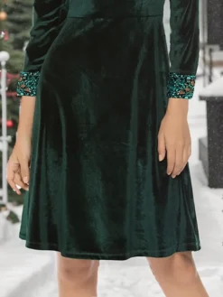 Women's Christmas Dress Winter Dress Casual Dress Midi Dress Lace Patchwork Outdoor Christmas Street Fashion Streetwear Crew Neck 3/4 Length Sleeve 2023 Regular Fit Dark Green Color S M L XL XXL Size -Fashion Life Shop gdiyaw1697193787921