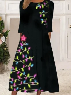 Women's Christmas Casual Dress Shift Dress Midi Dress Midi Dress Gold Rainbow 3/4 Length Sleeve Tree Ruched Winter Fall Autumn Round Neck Fashion Daily 2022 S M L XL XXL 3XL