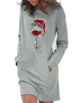 Women's Casual Dress Sweatshirt Dress Shift Dress Mini Dress Light Blue White Grey Long Sleeve Christmas Hat Pocket Fall Winter Autumn Crew Neck Stylish Winter Dress Christmas Fall Dress Loose Fit -Fashion Life Shop gehnpj1666088714106