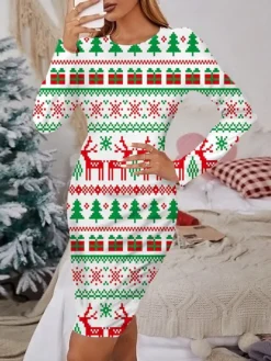 Women's Christmas Casual Dress Print Dress Blue Light Red Red White Black Long Sleeve ElkTree Snowflake Print Winter Autumn Crew Neck Fashion Casual Fall Dress 2022 S M L XL 2XL 3XL 4XL 5XL 6XL -Fashion Life Shop geyoty1666064474109