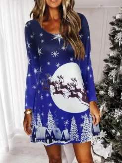Women's Christmas Shift DressShort Mini Dress Green Blue Purple Red Long SleeveTree Printhat Patchwork Print Fall Winter Crew Neck Casual 2022 S M L XL 2XL -Fashion Life Shop gfufzv1668516772676