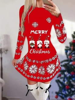 Women's Christmas Casual Dress Shift DressShort Mini Dress Red Black Long Sleeve ElkTree Snowflake Print Fall Winter Crew Neck Stylish Casual 2022 S M L XL 2XL 3XL