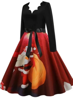 Women's Christmas Swing Dress Vintage Dress Midi Dress Green Blue Purple Long Sleeve Santa Claus Bow Winter Fall Autumn V Neck Fashion Daily Date 2022 S M L XL XXL 3XL -Fashion Life Shop gguoqw1667894685713