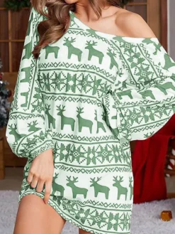 Women's Casual Dress Christmas Dress Sweatshirt Dress Animal Deer Backless Print Off Shoulder Bishop Sleeve Mini Dress Fashion Elegant Home Christmas Long Sleeve Loose Fit Red Green Fall Winter S M L -Fashion Life Shop ghkfil1692874077581