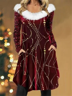 Women's Casual Dress Christmas Dress Velvet Dress Geometric Sequins Patchwork V Neck Midi Dress Fashion Modern Outdoor Christmas Long Sleeve Regular Fit Wine Fall Winter S M L XL XXL