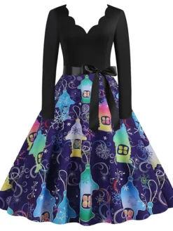 Women's Christmas Casual Dress Swing Dress Midi Dress Blue Purple Royal Blue Light Blue White Long Sleeve Santa Claus Elk Tree Bow Print Winter Fall V Neck Vacation Vintage 2022 S M L XL -Fashion Life Shop giacdq1666927315925