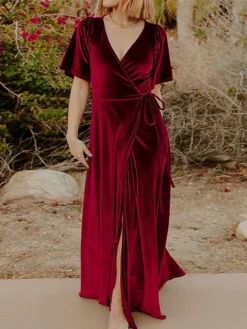 Women's Christmas Dress Casual Dress Velvet Dress Long Dress Maxi Dress Lace Up Split Outdoor Christmas Daily Fashion Elegant V Neck Short Sleeve 2023 Regular Fit Black Wine Gold Color S M L XL XXL 15 Women's Christmas Dress Casual Dress Velvet Dress Long Dress Maxi Dress Lace Up Split Outdoor Christmas Daily Fashion Elegant V Neck Short Sleeve 2023 Regular Fit Black Wine Gold Color S M L XL XXL -Fashion Life Shop gisyiv1693897061474