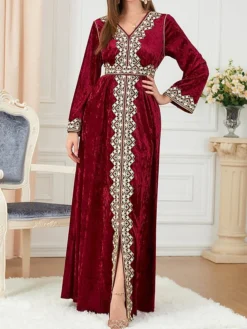 Women's Casual Dress Velvet Dress Swing Dress Long Dress Maxi Dress Lace Embroidered Outdoor Christmas Daily Fashion Elegant V Neck Long Sleeve 2023 Loose Fit Wine Color M L XL XXL Size