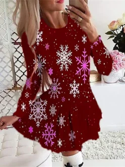 Women's Christmas Swing DressShort Mini Dress Green Wine Fuchsia Red Black Long Sleeve Elk Snowman Snowflake Pleated Print Fall Winter Crew Neck Stylish Romantic 2022 S M L XL 2XL -Fashion Life Shop gkavkg1665307948446