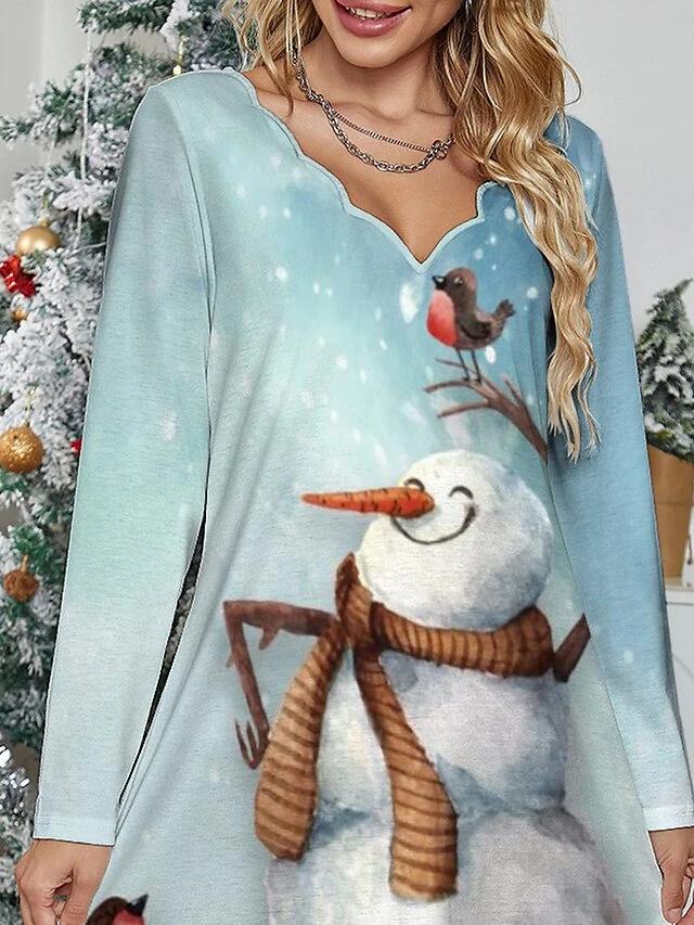 Women's Casual Dress Christmas Dress Winter Dress Snowman Print Scalloped Neck Mini Dress Fashion Streetwear Outdoor Christmas Long Sleeve Regular Fit Blue Fall Winter S M L XL XXL 2 Women's Casual Dress Christmas Dress Winter Dress Snowman Print Scalloped Neck Mini Dress Fashion Streetwear Outdoor Christmas Long Sleeve Regular Fit Blue Fall Winter S M L XL XXL - Image 2