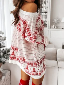 Women‘s Christmas Sweater Dress Jumper Dress Winter Dress Fashion Ugly Christmas Outdoor Christmas Daily Going Out Crew Neck Long Sleeve Patchwork 2023 Loose Fit White Red S M L XL -Fashion Life Shop gmgatk1694602154053