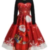 Women‘s Christmas Retro Elegant Vintage Dress Midi Dress Party Ruched Patchwork Santa Claus Crew Neck Long Sleeve Regular Fit Fall Winter 2023 Black Red S M L XL