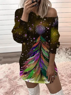 Women‘s Christmas Casual Dress Sweatshirt Dress Mini Dress Warm Fashion Outdoor Holiday Crew Neck Print Tree Loose Fit Black Blue Gold S M L XL XXL -Fashion Life Shop gmotir1694157649567