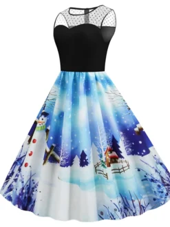 Women's Christmas Casual Dress Swing Dress Midi Dress Blue Royal Blue Dark Blue Light Blue Sleeveless Santa Claus Snowman Mesh Print Winter Fall Crew Neck Vacation Vintage 2022 S M L XL XXL -Fashion Life Shop gmulnu1666597374748