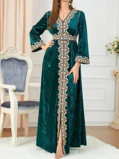 Women's Casual Dress Velvet Dress Swing Dress Long Dress Maxi Dress Lace Embroidered Outdoor Christmas Daily Fashion Elegant V Neck Long Sleeve 2023 Loose Fit Dark Green Color M L XL XXL Size -Fashion Life Shop gngyyy1695206509608