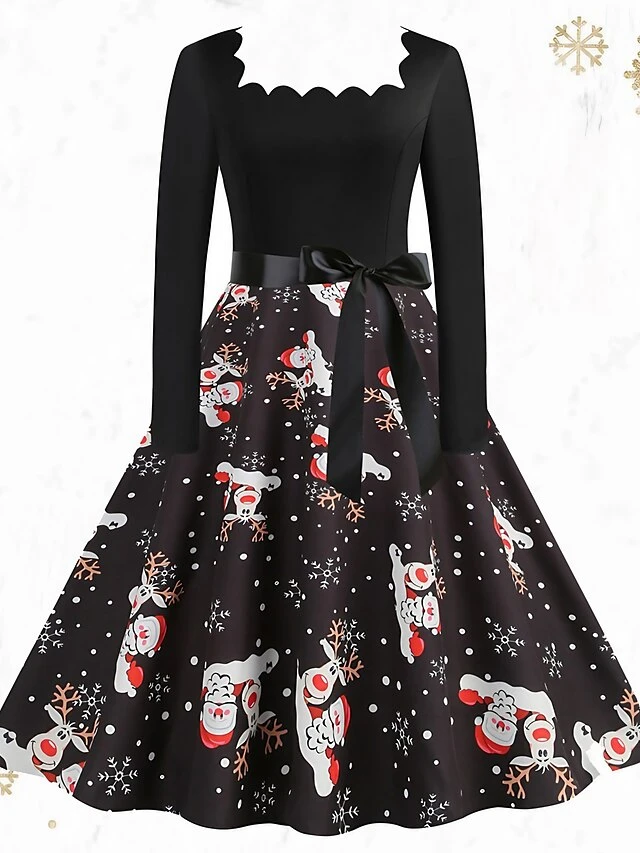 Women's Christmas Vintage Dress Midi Dress Black And White Green Black Long Sleeve Santa Claus Bow Winter Fall Autumn Square Neck Stylish Christmas Vacation 2022 S M L XL XXL 3XL 1 Women's Christmas Vintage Dress Midi Dress Black And White Green Black Long Sleeve Santa Claus Bow Winter Fall Autumn Square Neck Stylish Christmas Vacation 2022 S M L XL XXL 3XL