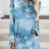Women's Christmas T Shirt Dress Tee Dress Print DressShort Mini Dress Light Blue Long Sleeve Animal Print Snowflake Patchwork Print Spring Fall Crew Neck Classic Modern Loose Fit 2022 S M L XL 2XL