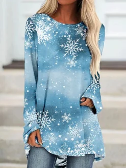 Women's Christmas T Shirt Dress Tee Dress Print DressShort Mini Dress Light Blue Long Sleeve Animal Print Snowflake Patchwork Print Spring Fall Crew Neck Classic Modern Loose Fit 2022 S M L XL 2XL