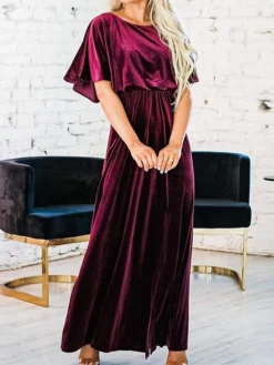 Women's Christmas Dress Casual Dress Velvet Dress Long Dress Maxi Dress Ruched Split Outdoor Christmas Daily Fashion Elegant Crew Neck Half Sleeve 2023 Loose Fit Black Wine Gold Color S M L XL Size