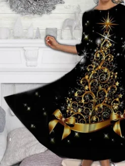 Women's Casual Dress Swing Dress Midi Dress Black Wine Red 3/4 Length Sleeve Christmas Tree Ruched Spring Fall Winter Crew Neck Fashion Christmas 2023 S M L XL XXL 3XL 4XL 5XL -Fashion Life Shop gpdsne1668506040027