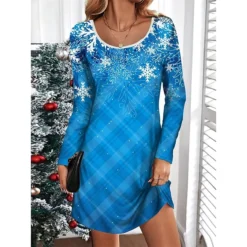 Women's Casual Dress Plaid Dress Christmas Dress Plaid Snowflake Print V Neck Mini Dress Fashion Streetwear Outdoor Christmas Long Sleeve Loose Fit Wine Blue Fall Winter S M L XL XXL -Fashion Life Shop gpemeo1695624578052