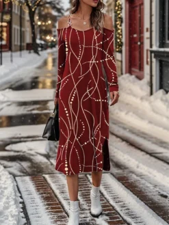 Women's Casual Dress Christmas Dress Velvet Dress Geometric Sequins Split Strap Midi Dress Active Fashion Outdoor Christmas Long Sleeve Regular Fit Wine Fall Winter S M L XL XXL