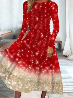 Women's Casual Dress Swing Dress Midi Dress Wine Long Sleeve Color Gradient Pocket Winter Fall Spring Crew Neck Fashion Christmas Daily Weekend 2022 S M L XL XXL 3XL