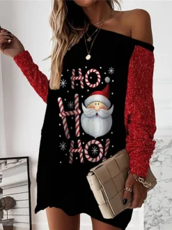 Women‘s Christmas Casual Dress Sweatshirt Dress Mini Dress Warm Fashion Outdoor Holiday Crew Neck Print Santa Claus Snowman Loose Fit Black White Blue S M L XL XXL