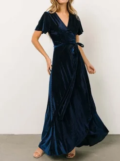 Women's Christmas Dress Casual Dress Velvet Dress Long Dress Maxi Dress Lace Up Outdoor Christmas Daily Fashion Elegant V Neck Short Sleeve 2023 Slim Black Wine Dark Blue Color S M L XL XXL Size -Fashion Life Shop gqyfho1693897257646