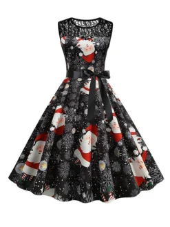 Women‘s Christmas Retro 1950s Vintage Dress Midi Dress Party Patchwork Bow Santa Claus Crew Neck Sleeveless Regular Fit Fall Winter 2023 Black White S M L XL -Fashion Life Shop grslvl1694501416336