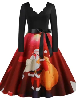 Women's Christmas Swing Dress Vintage Dress Midi Dress Green Blue Purple Long Sleeve Santa Claus Bow Winter Fall Autumn V Neck Fashion Daily Date 2022 S M L XL XXL 3XL -Fashion Life Shop grxhia1667894685250