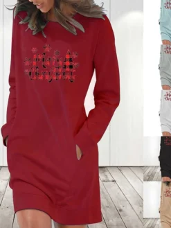 Women‘s Christmas Hoodie Dress Winter Dress Light Blue Grey White Long Sleeve Letter Tree Snowflake Pocket Print Winter Fall Crew Neck Stylish Casual 2022 S M L XL 2XL / Cotton