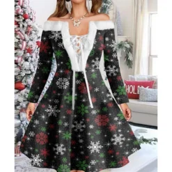 Women's Christmas Swing Dress Vintage Dress Mini Dress Green Light Green Wine Red Navy Blue White Long Sleeve Snowman Tree Snowflake Backless Feather Print Winter Fall Off Shoulder Vacation Stylish -Fashion Life Shop gswwdm1667977598792