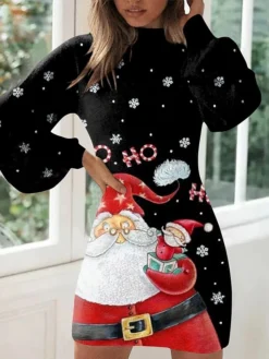Women's Casual Dress Christmas Dress Winter Dress Santa Claus Print Turtleneck Mini Dress Fashion Streetwear Outdoor Christmas Long Sleeve Loose Fit Black Fall Winter S M L XL XXL