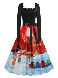 Women's Christmas Vintage Dress Swing Dress Mini Dress Black Pink Dark Blue Red Navy Blue Light Blue Long Sleeve Santa Claus Elk Snowman With Belt Print Winter Fall Square Neck 2022 S M L XL -Fashion Life Shop gtvihh1666676136872