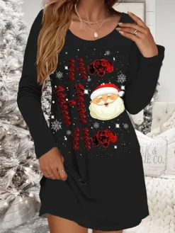 Women's Casual Dress Christmas Dress Winter Dress Snowman Christmas Tree Print V Neck Mini Dress Fashion Streetwear Outdoor Christmas Long Sleeve Loose Fit Black White Wine Fall Winter S M L XL XXL