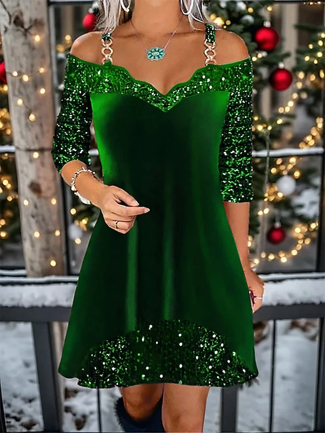 Women's Christmas Dress Velvet Dress Casual Dress Mini Dress Sequins Cold Shoulder Christmas Street Daily Fashion Streetwear V Neck Long Sleeve 2023 Regular Fit Wine Gold Green Color S M L XL XXL Size 3 Women's Christmas Dress Velvet Dress Casual Dress Mini Dress Sequins Cold Shoulder Christmas Street Daily Fashion Streetwear V Neck Long Sleeve 2023 Regular Fit Wine Gold Green Color S M L XL XXL Size - Image 3