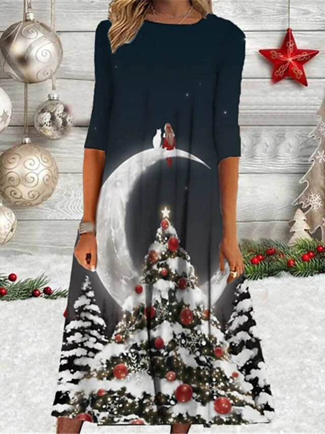 Women's Christmas Casual Dress Shift Dress Midi Dress Midi Dress Black Blue Light Blue 3/4 Length Sleeve Snowman Ruched Winter Fall Autumn Round Neck Fashion Daily 2022 S M L XL XXL 3XL 2 Women's Christmas Casual Dress Shift Dress Midi Dress Midi Dress Black Blue Light Blue 3/4 Length Sleeve Snowman Ruched Winter Fall Autumn Round Neck Fashion Daily 2022 S M L XL XXL 3XL - Image 2