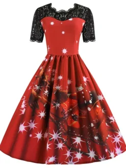 Women's Christmas Lace Dress Swing Dress Maxi Long Dress Claret Green Blue Purple Red Rose Red Short Sleeve Santa Claus Print Lace Patchwork Winter Fall Crew Neck Vintage Fashion Elegant 2022 S M L -Fashion Life Shop gvuvse1666258508304