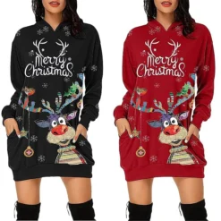 Women's Christmas Shift DressShort Mini DressShort Mini Dress Red Black Long Sleeve Letter Elk Snowflake Pocket Print Fall Winter Hooded Fashion Modern Loose Fit 2022 S M L XL XXL 3XL
